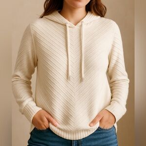 Nine West Ivory Ribbed Hoodie Sweatshirt | Women’s M | Soft Neutral Knit